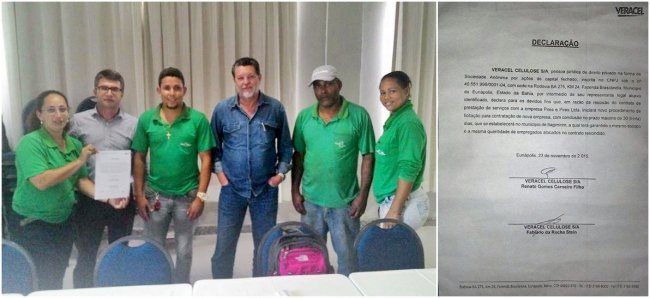 Trabalhadores da Pires Pires e representantes da Veracel Celulose em uma reunião realizada nessa segunda-feira. (Foto: Divulgação)