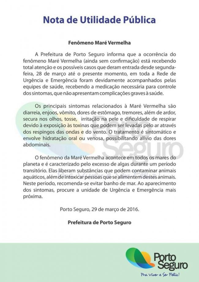 Nota da prefeitura de Porto Seguro