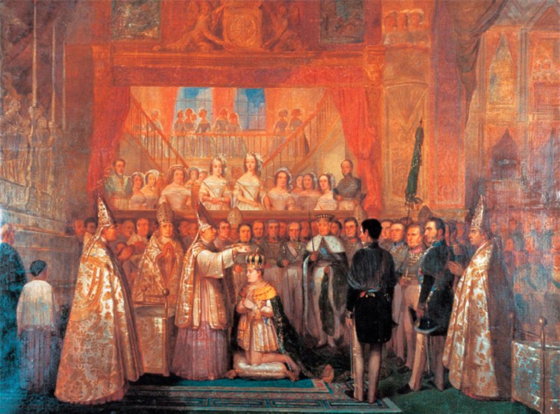 A coroação de dom Pedro II, em 1841, foi o mote da segunda letra do Hino Nacional (pintura de François-René Moreaux)