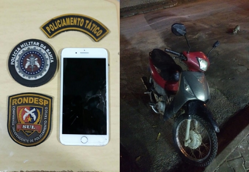 Iphone e motocicleta que estão em poder dos bandidos. (Divulgação/PM-BA)