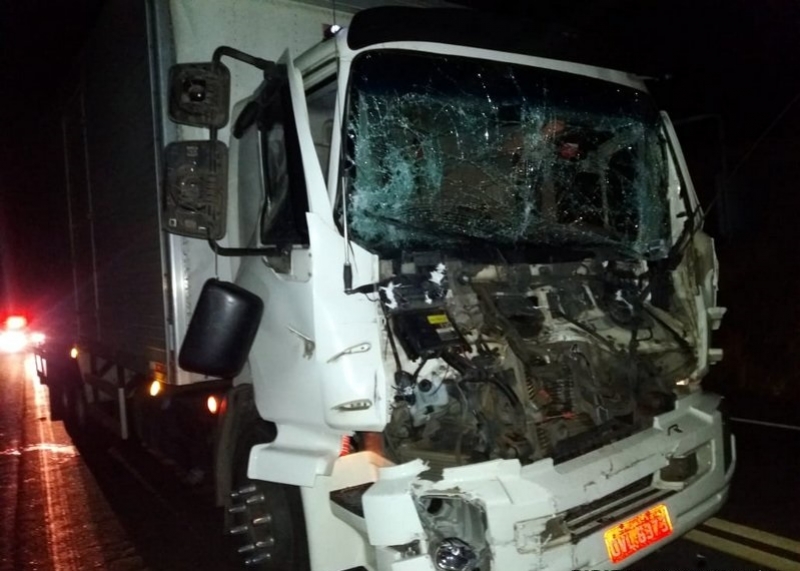 Impacto foi violento e destruiu a parte dianteira do caminhão. (Radar64)